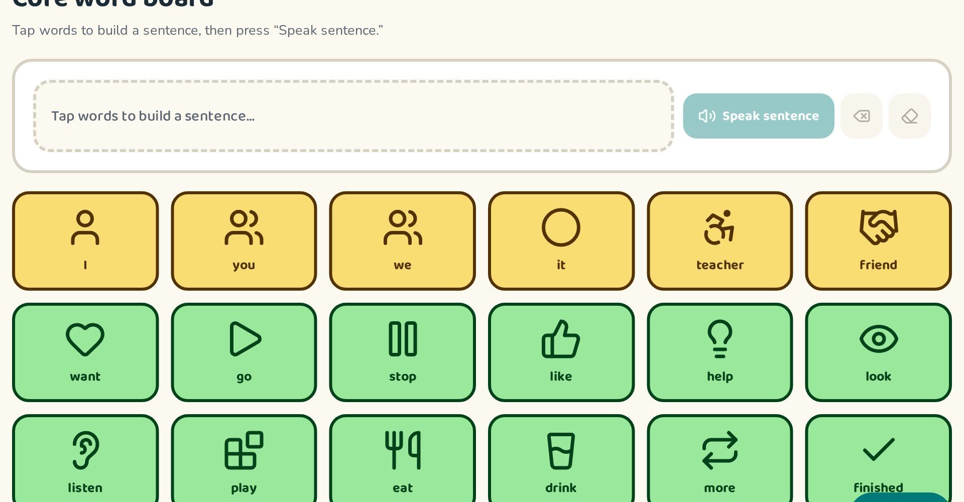 Proloquo2Go-style core word board with a sentence strip