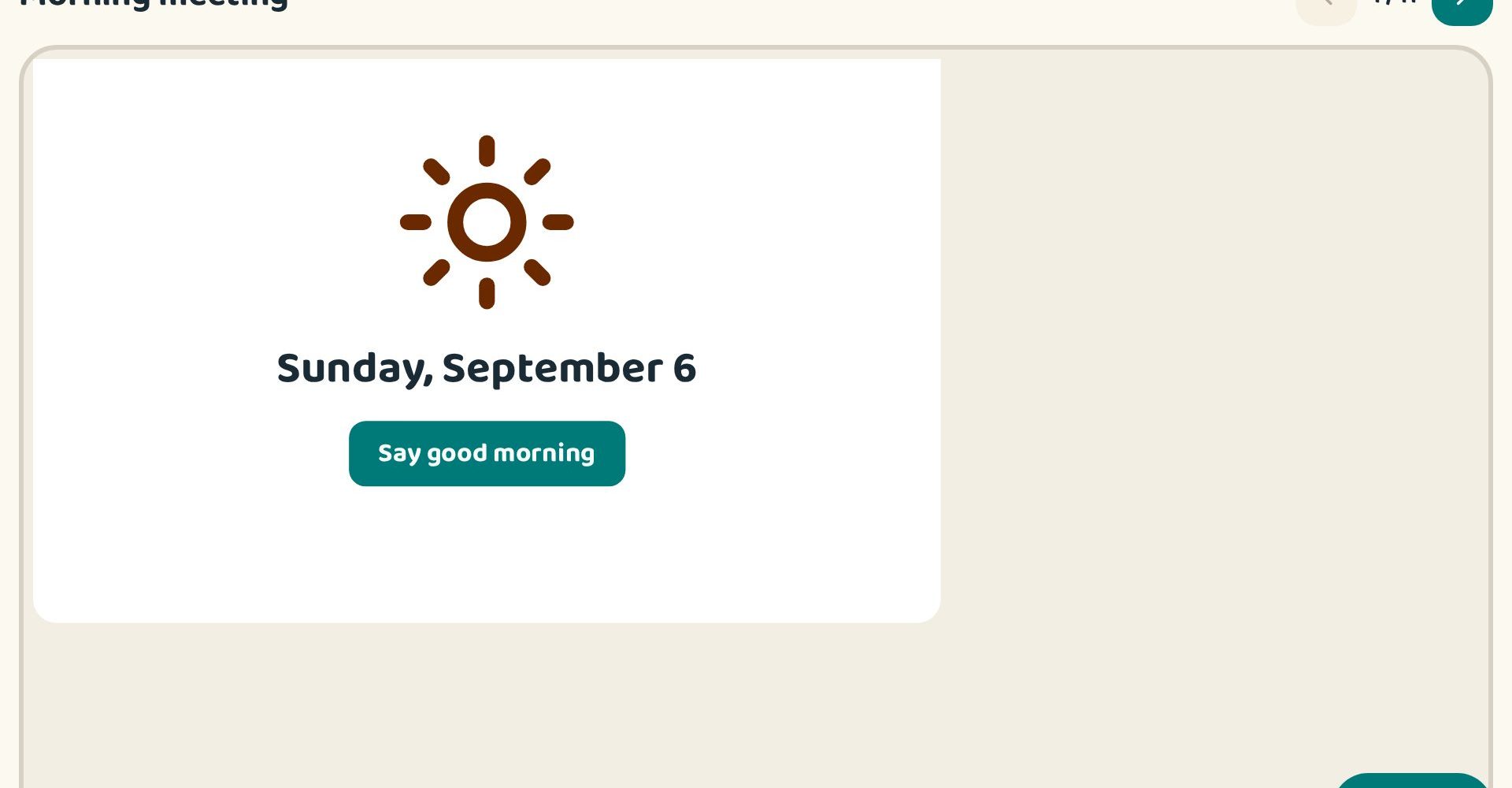 Morning meeting slide with a sun symbol, today's date and a Say good morning button