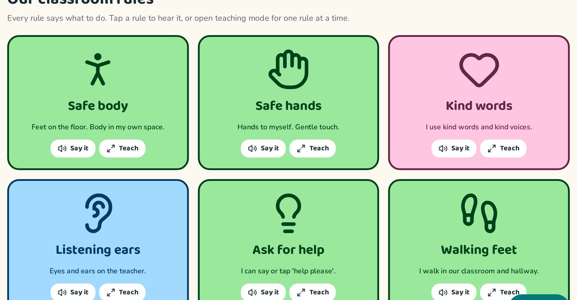 Six positive classroom rules shown as colour-coded picture cards