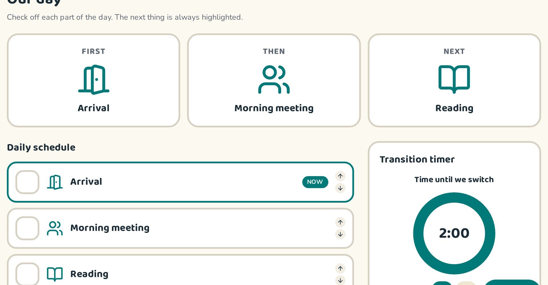 Visual daily schedule with now and next highlighted
