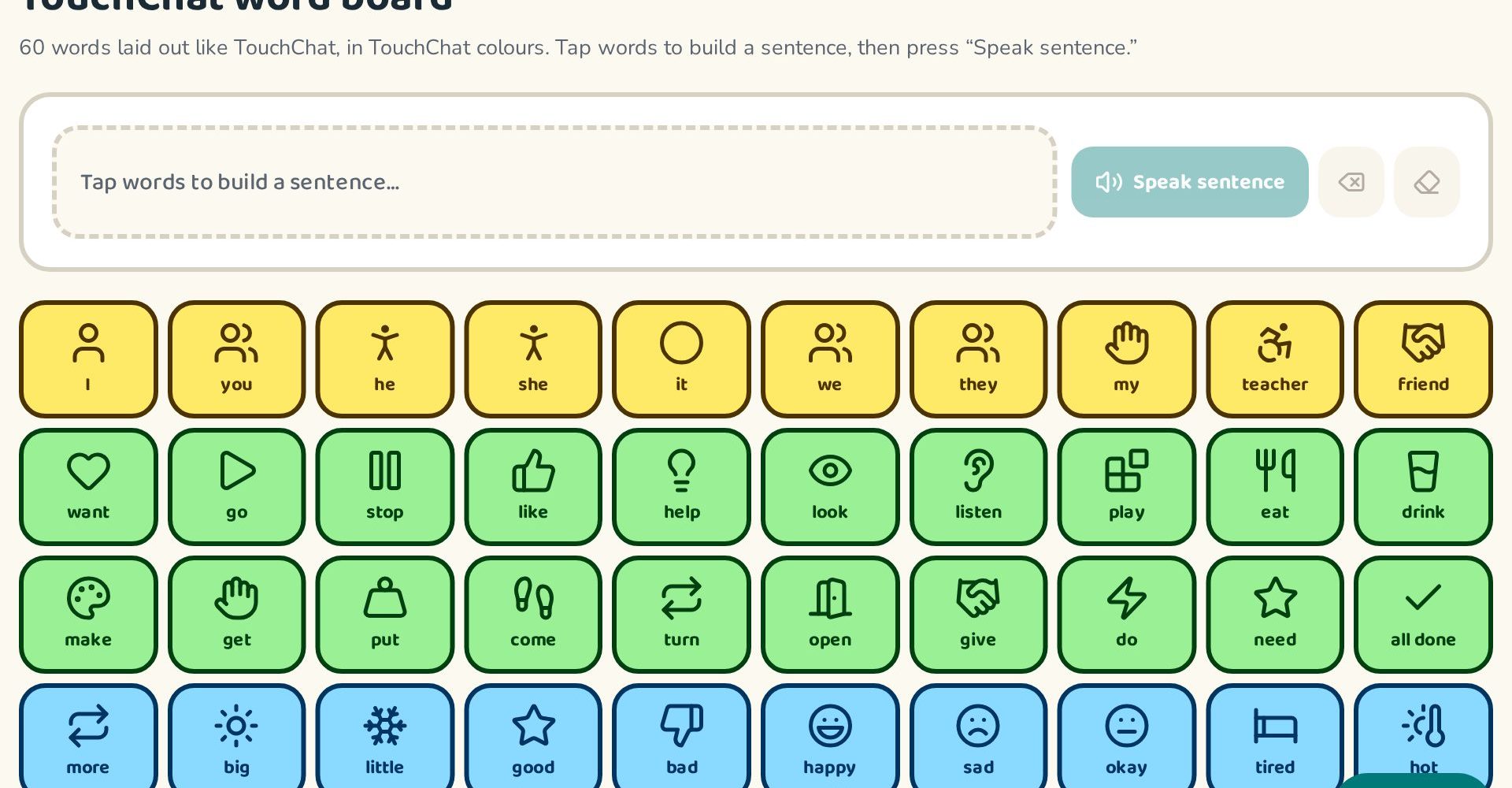 TouchChat-style word board in a sixty-cell grid